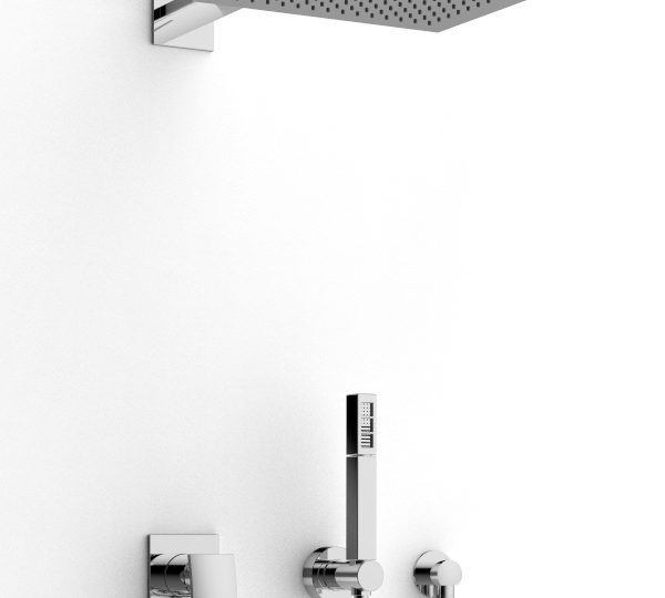 Shower arm with shower head and hand shower